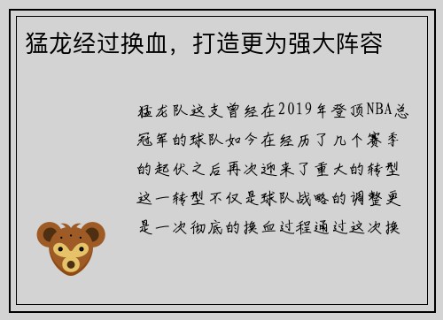 猛龙经过换血，打造更为强大阵容